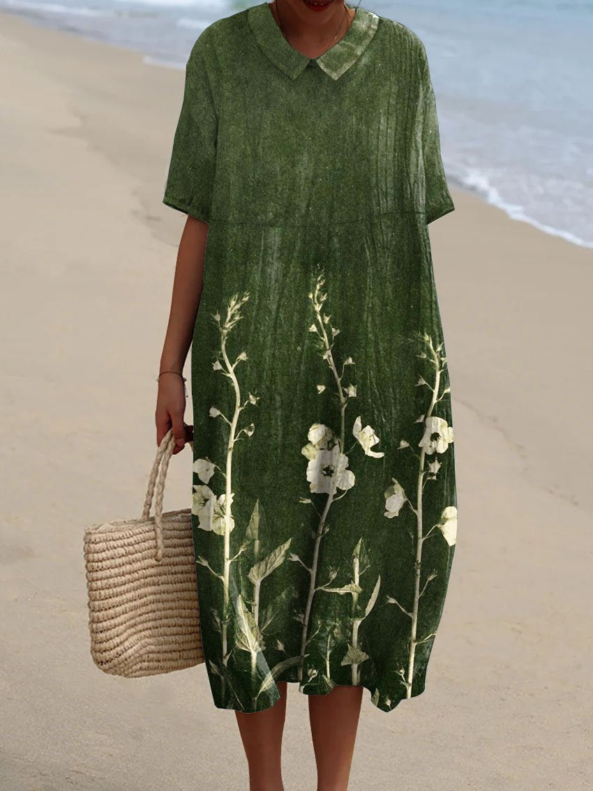 Linen Floral Midi Dress - V-Neck Summer Holiday