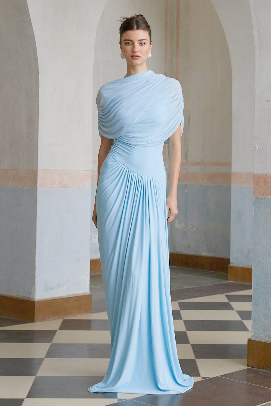 Women's Blue Asymmetric Maxi Dress – Pleated Draped Wedding Guest