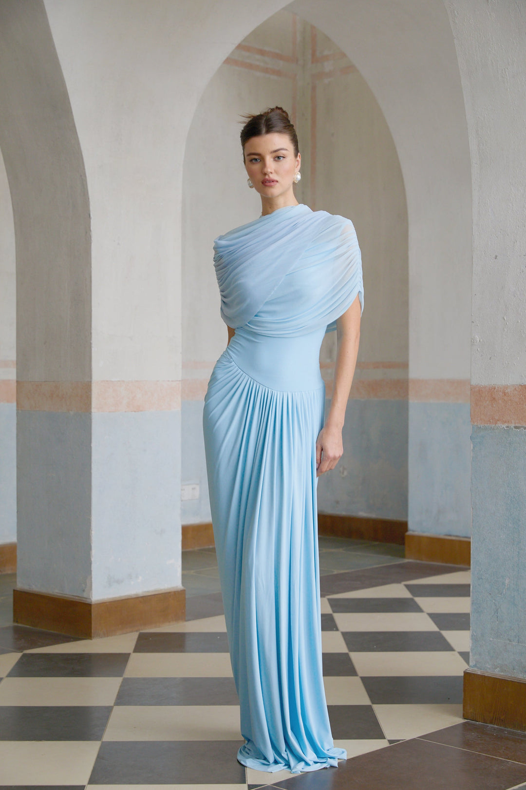Women's Blue Asymmetric Maxi Dress – Pleated Draped Wedding Guest