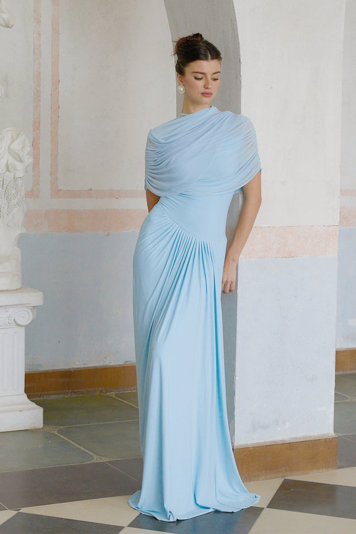 Women's Blue Asymmetric Maxi Dress – Pleated Draped Wedding Guest