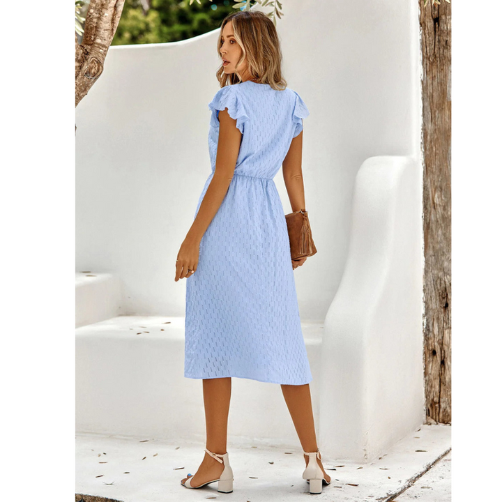 A-Line Midi Dress - Flutter Sleeve High Waist Wedding Guest