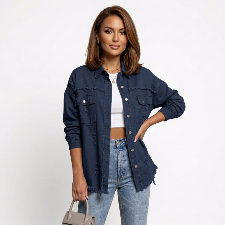 Women’s Oversized Denim Blouse - Casual Button Front