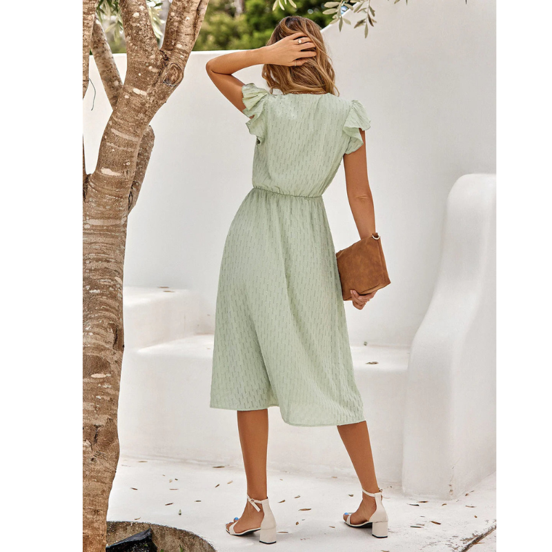 A-Line Midi Dress - Flutter Sleeve High Waist Wedding Guest