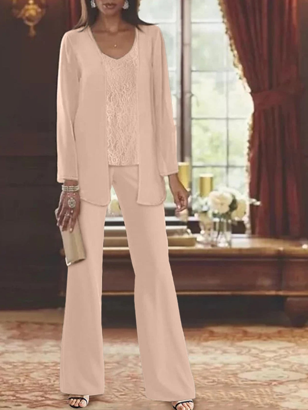 Mother of the Bride Dress Chiffon - Long Sleeve Jacket Sequin Beading