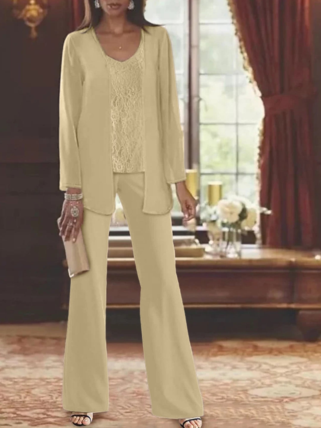 Mother of the Bride Dress Chiffon - Long Sleeve Jacket Sequin Beading
