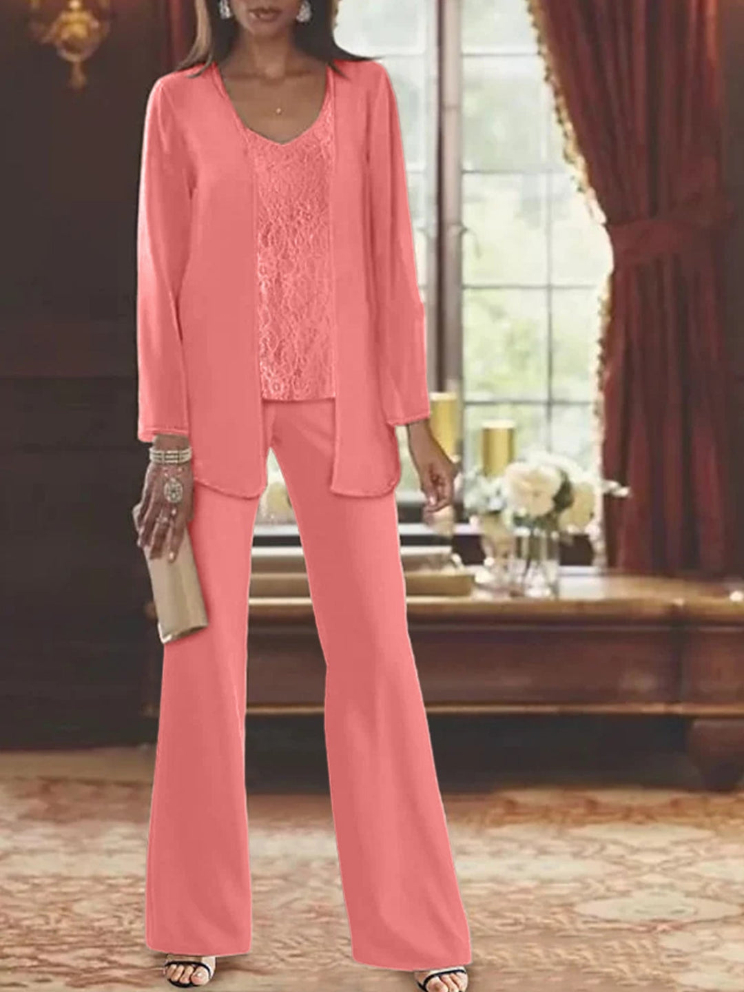 Mother of the Bride Dress Chiffon - Long Sleeve Jacket Sequin Beading