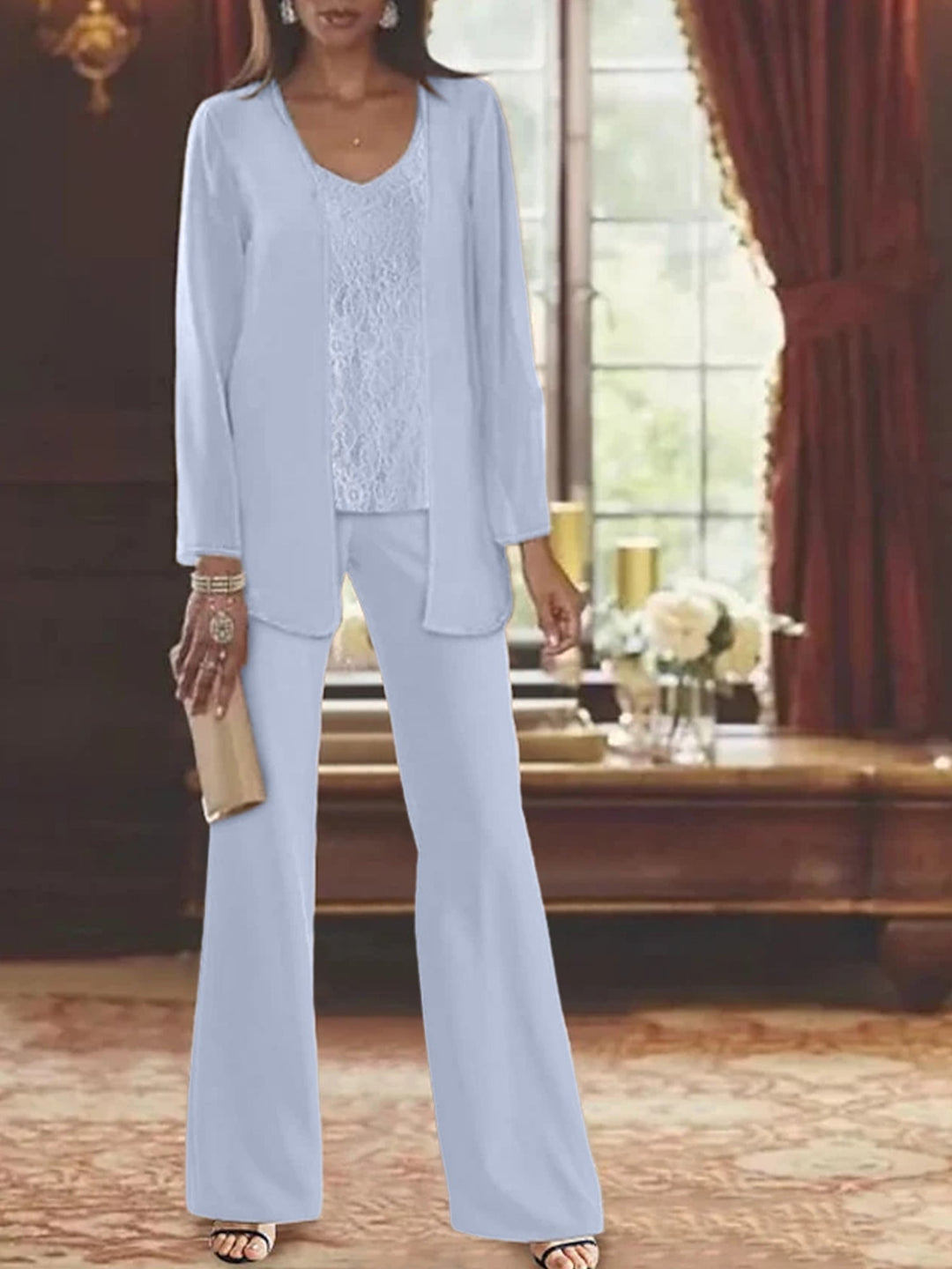 Mother of the Bride Dress Chiffon - Long Sleeve Jacket Sequin Beading