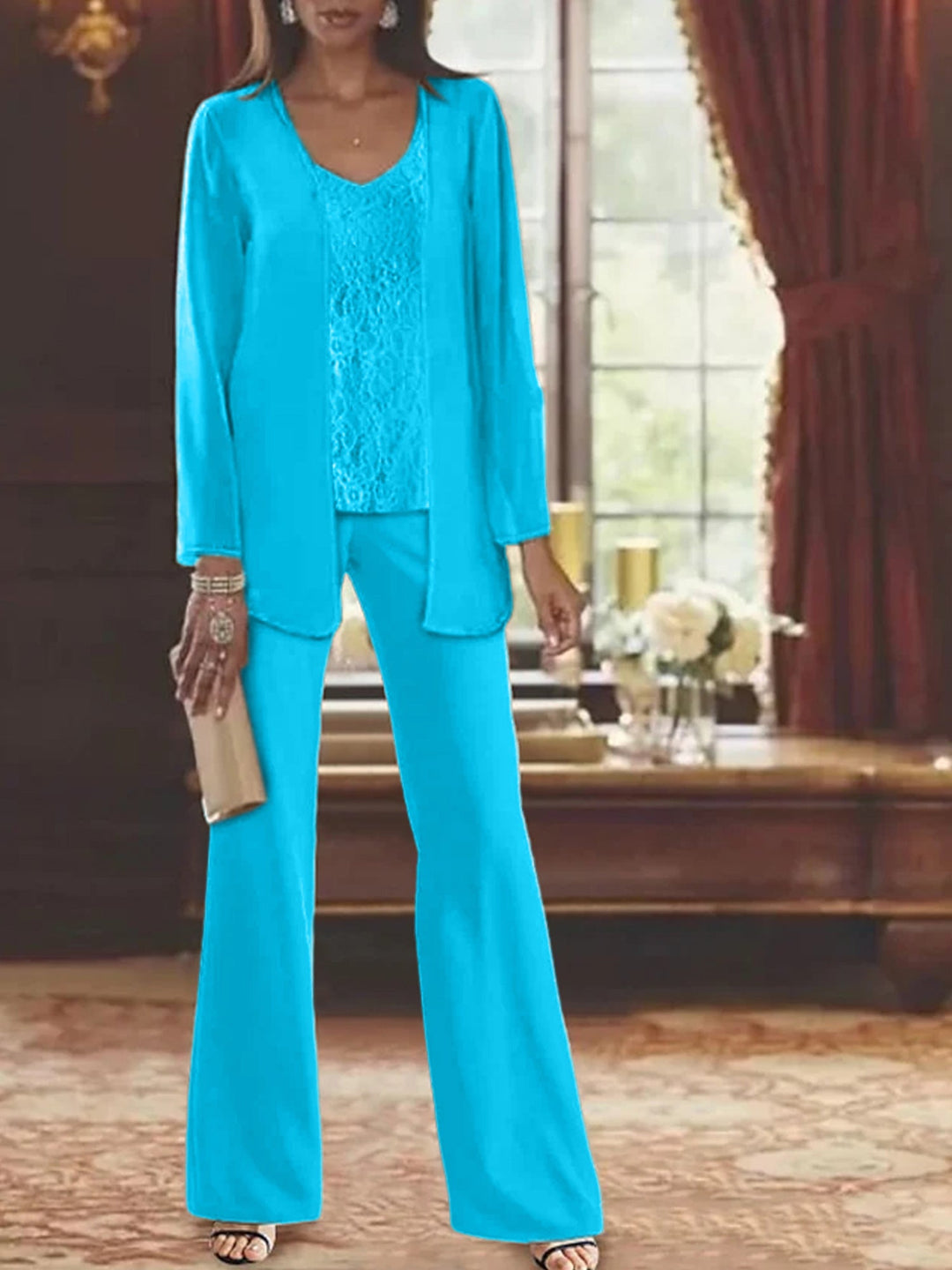 Mother of the Bride Dress Chiffon - Long Sleeve Jacket Sequin Beading
