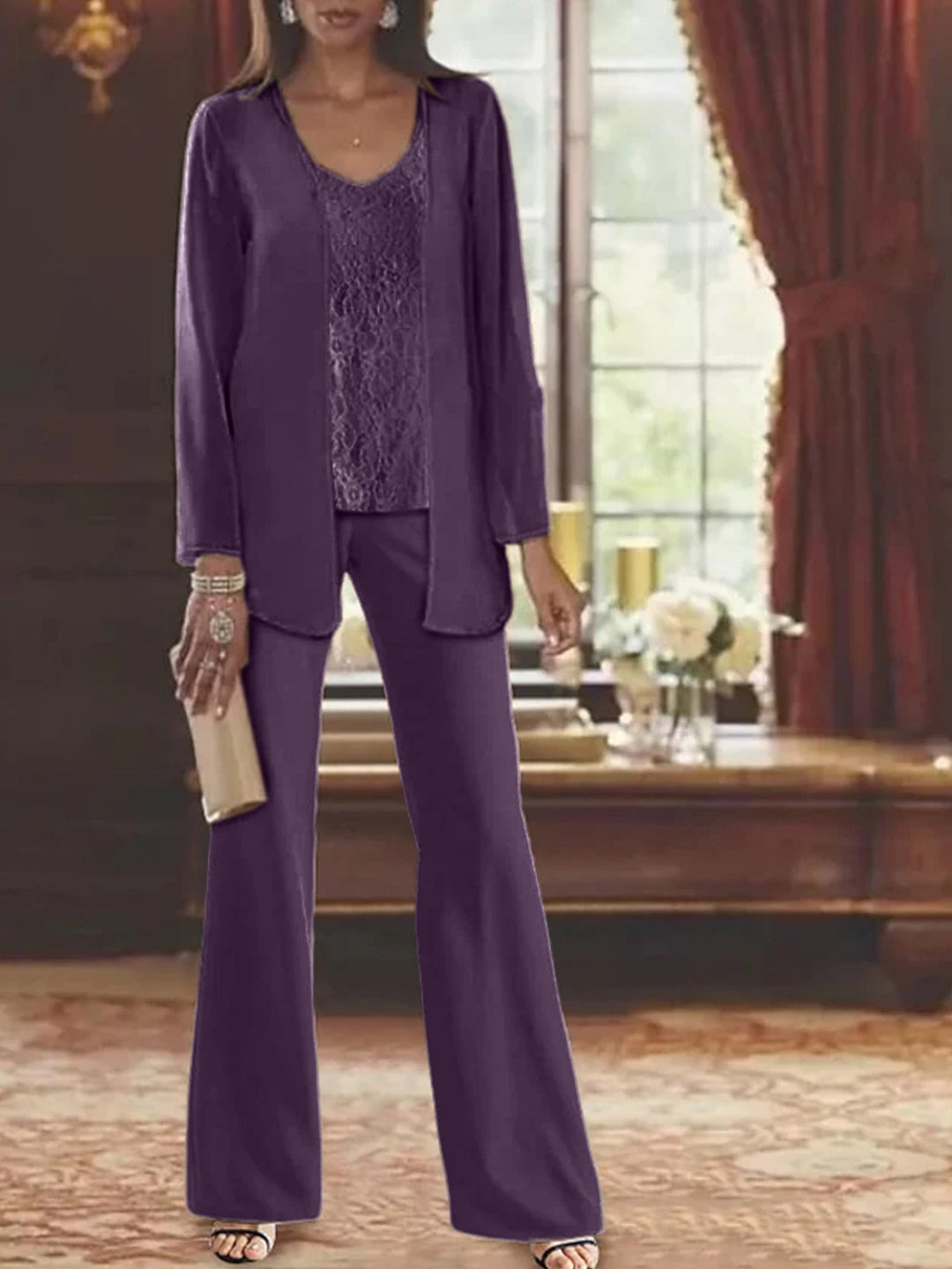 Mother of the Bride Dress Chiffon - Long Sleeve Jacket Sequin Beading