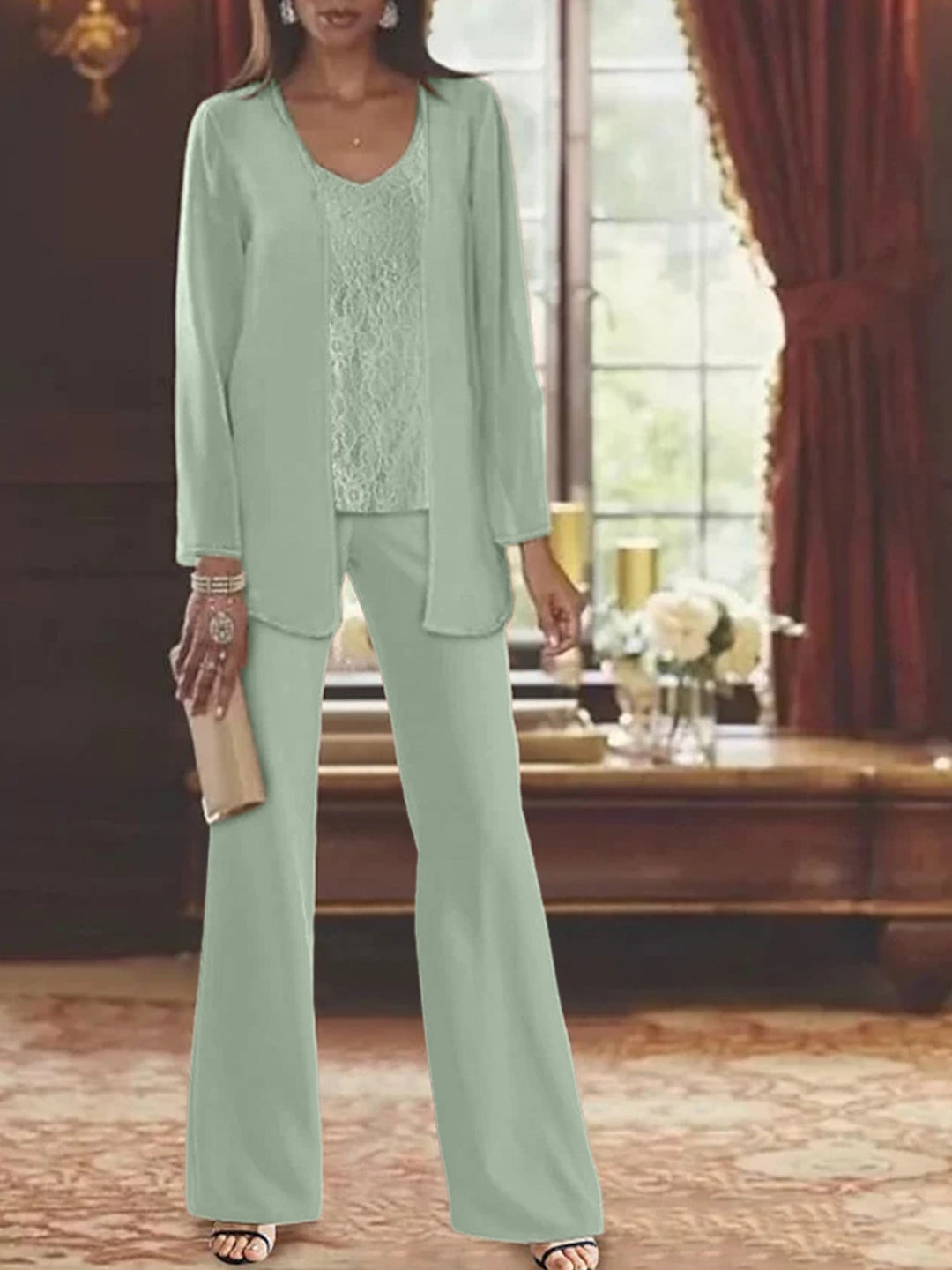Mother of the Bride Dress Chiffon - Long Sleeve Jacket Sequin Beading