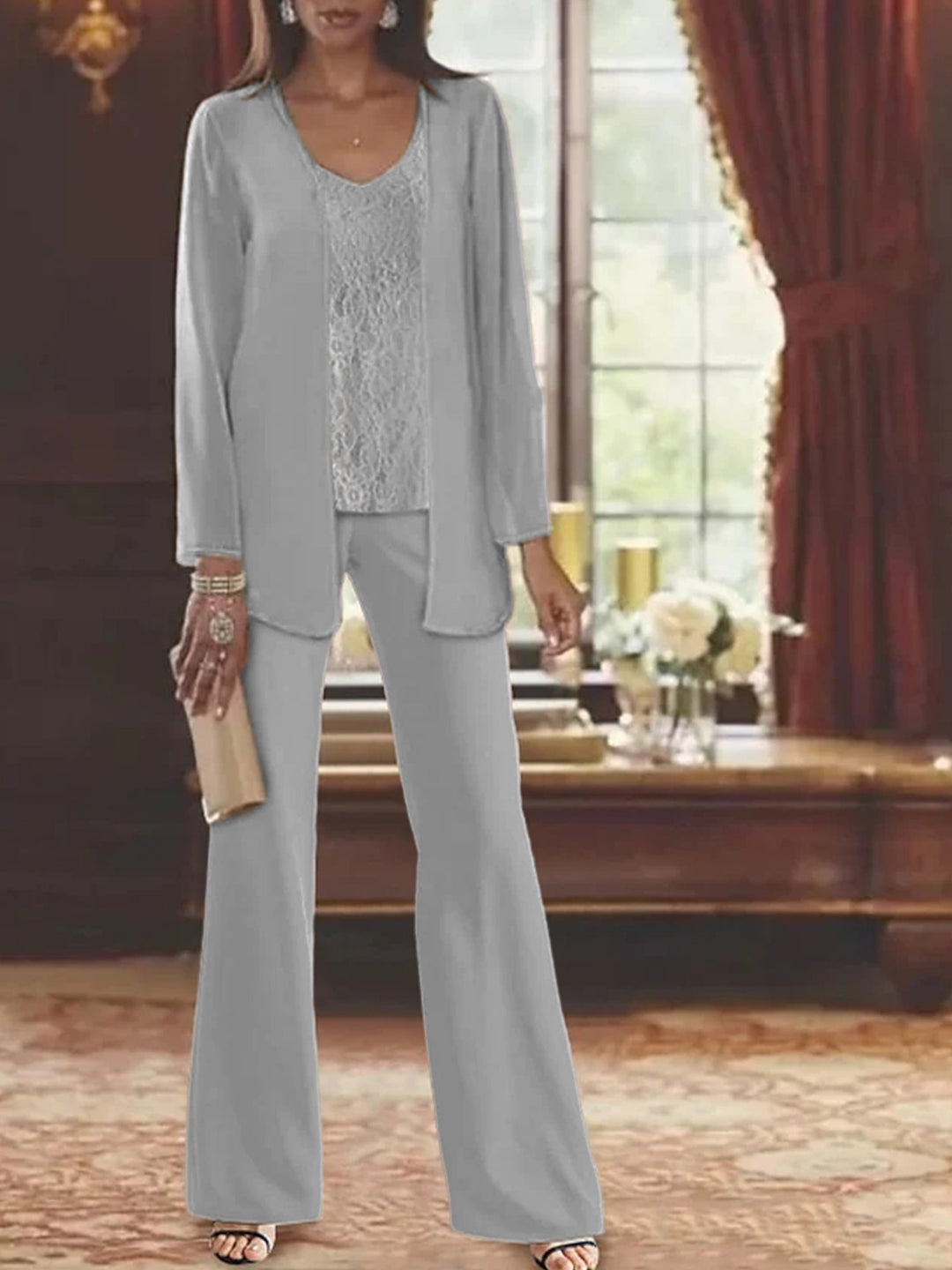Mother of the Bride Dress Chiffon - Long Sleeve Jacket Sequin Beading