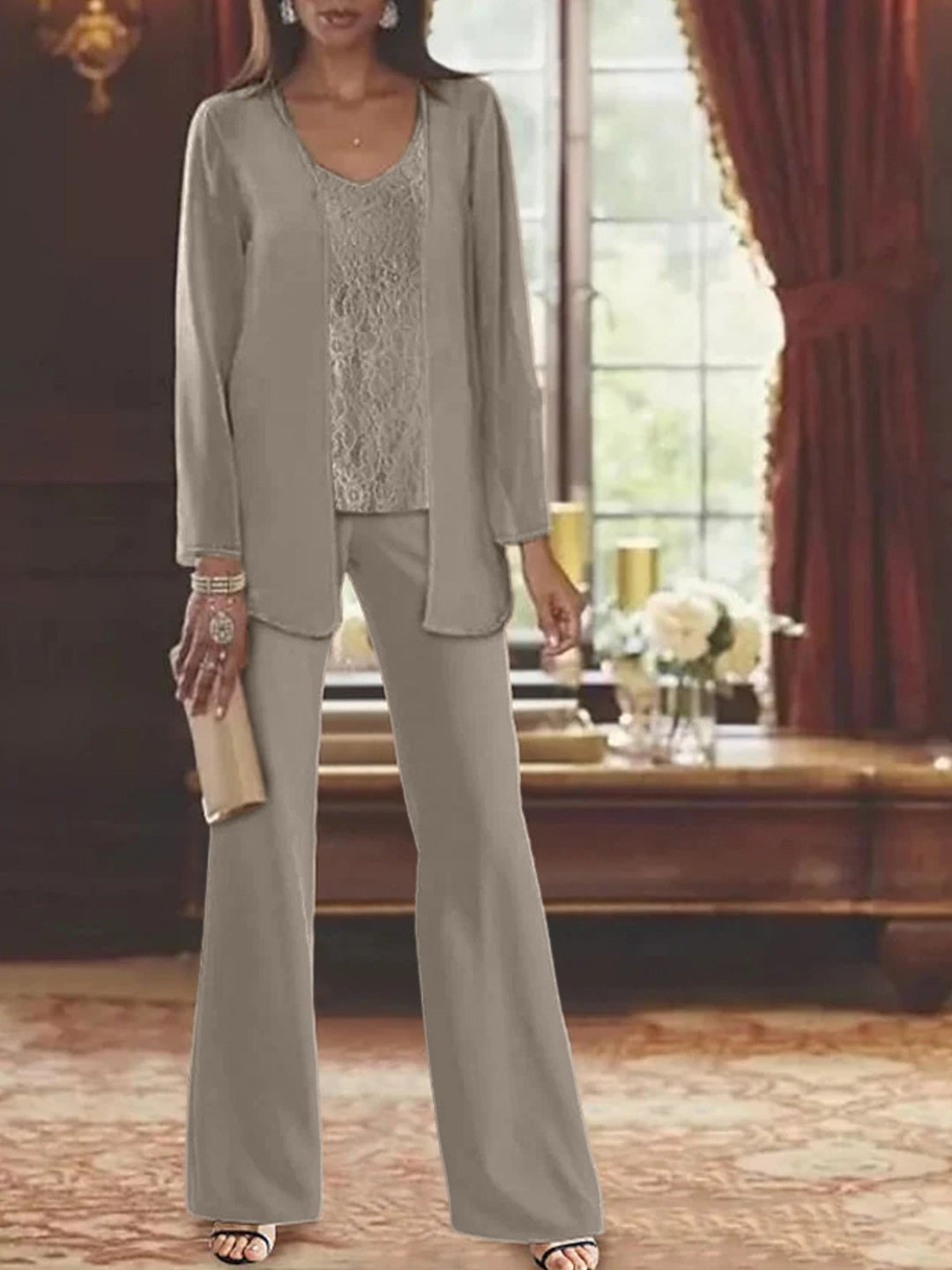Mother of the Bride Dress Chiffon - Long Sleeve Jacket Sequin Beading