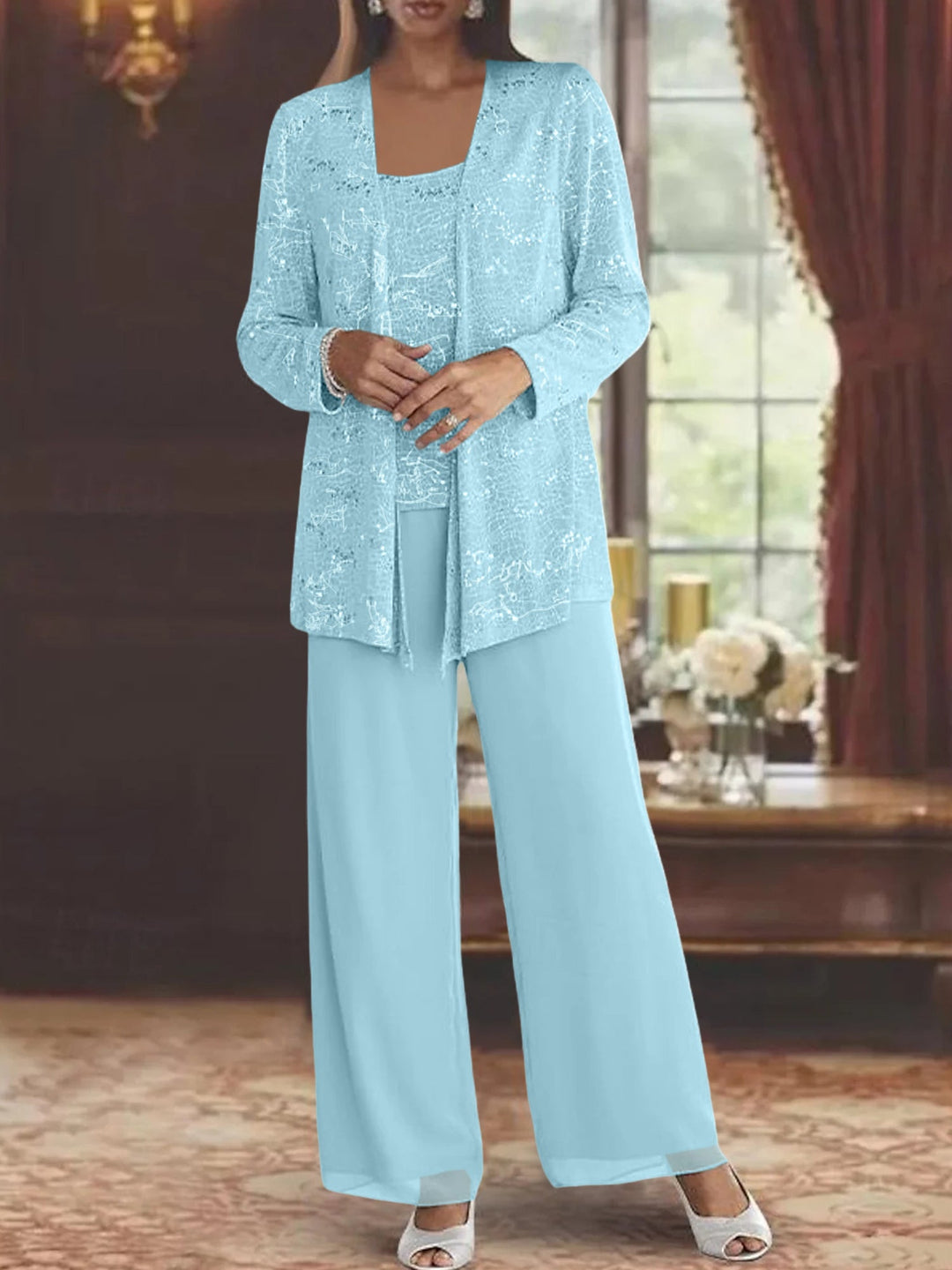 Women's 3-Piece Chiffon Pantsuit-Set with Sequin Jacket