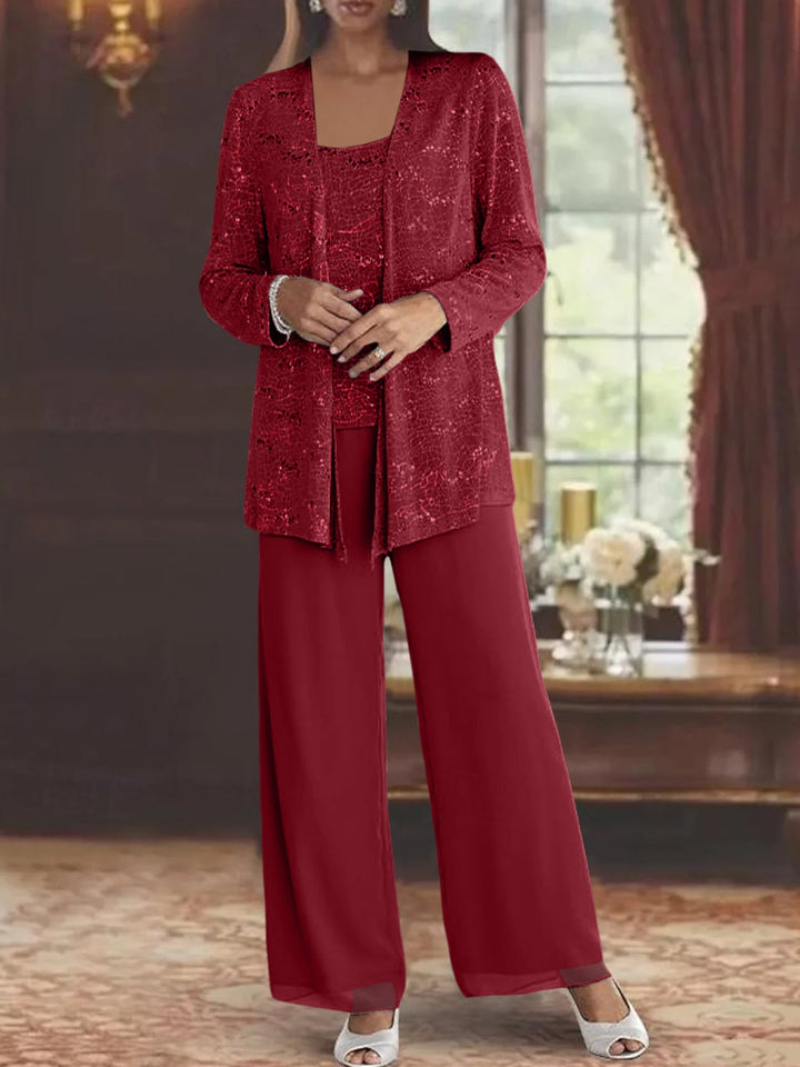 Women's 3-Piece Chiffon Pantsuit-Set with Sequin Jacket