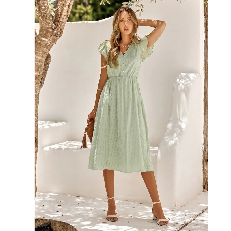 A-Line Midi Dress - Flutter Sleeve High Waist Wedding Guest