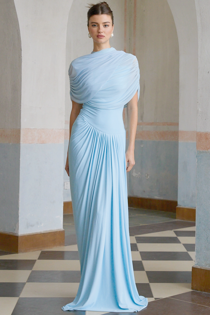Women's Blue Asymmetric Maxi Dress – Pleated Draped Wedding Guest