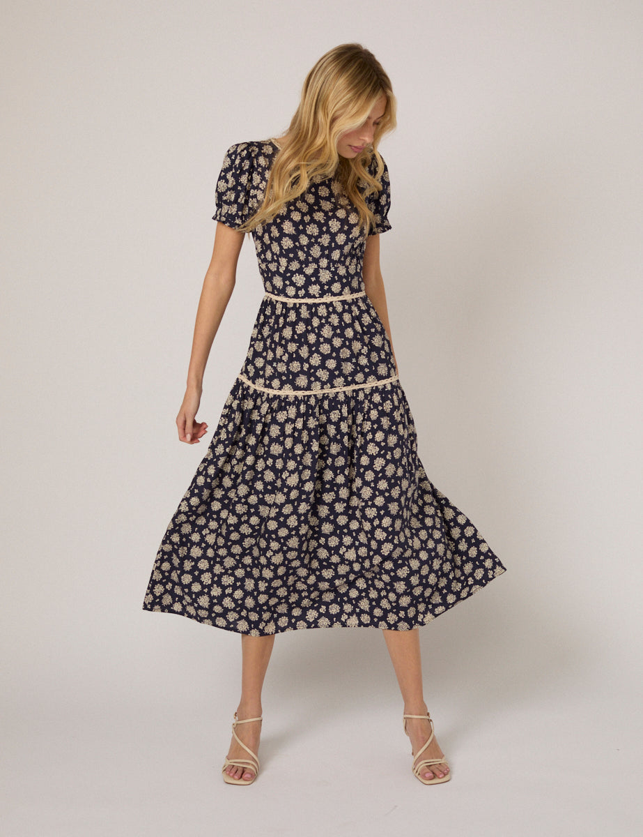 Floral Tiered Midi Dress - Puff Sleeve Garden Party