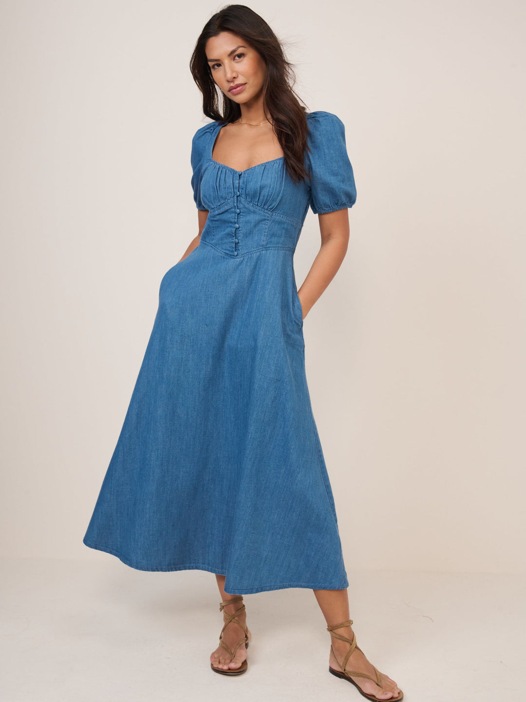 Women's Denim Midi Dress - Mid-Blue Fit & Flare