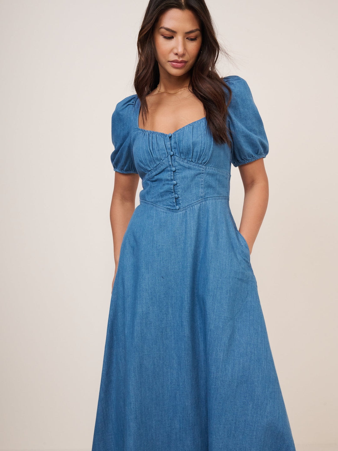 Women's Denim Midi Dress - Mid-Blue Fit & Flare