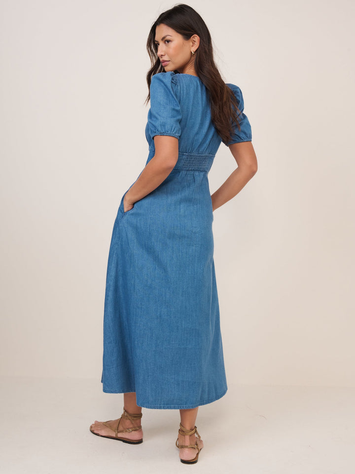 Women's Denim Midi Dress - Mid-Blue Fit & Flare