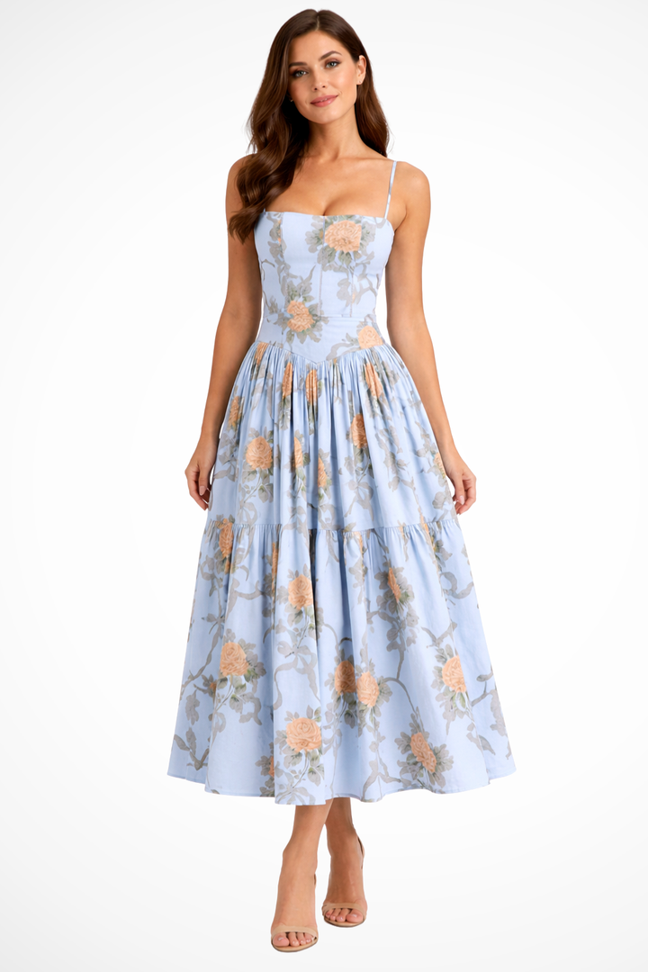 Women’s Floral Linen Midi Dress - Tiered Elegant Summer Wedding Guest Fit