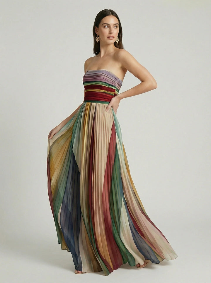 Strapless Pleated Maxi Dress Wedding Guest - Colour Block