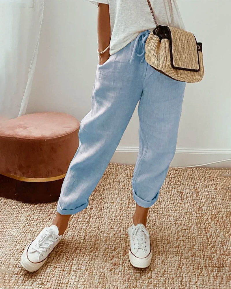 Women's Wide Leg - Linen Trousers Elasticated Waist