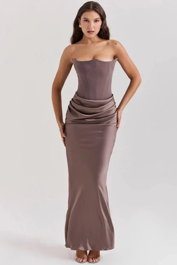 Strapless Corset Dress - Satin Ruched Maxi Wedding Guest