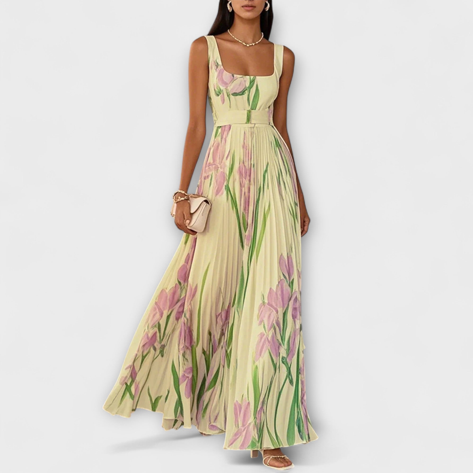 Women's Floral Garden Dress - Spring Chiffon Pleated Maxi