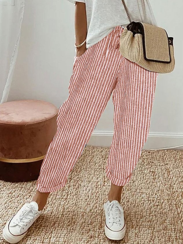 Women's Wide Leg - Linen Trousers Elasticated Waist