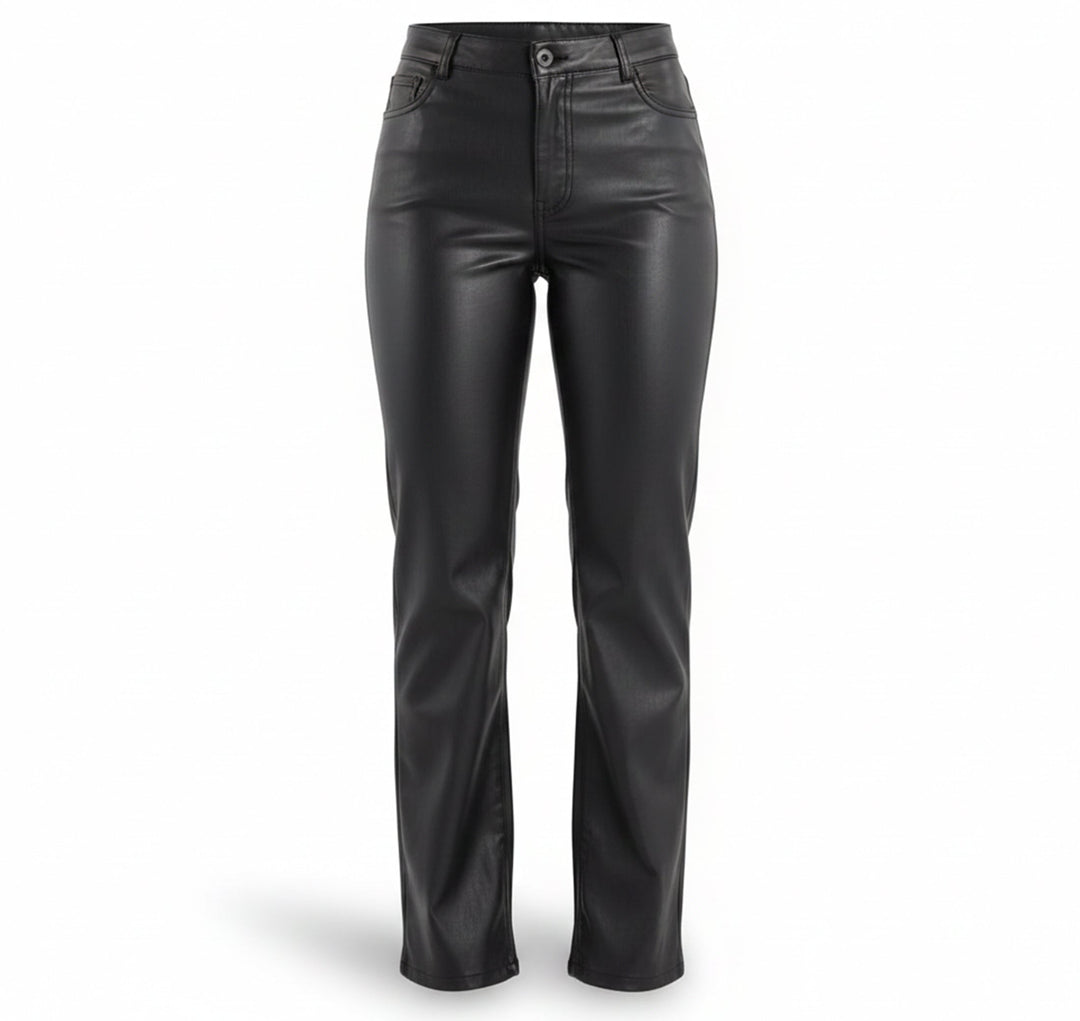 Women’s Black Faux Leather Pants – High Rise Slim Fit Straight Leg