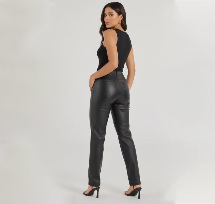 Women’s Black Faux Leather Pants – High Rise Slim Fit Straight Leg