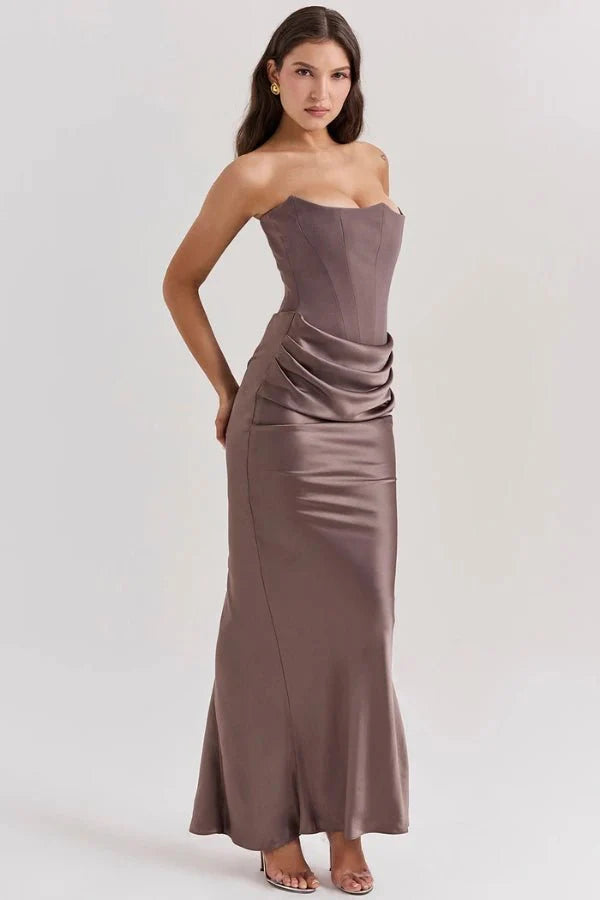 Strapless Corset Dress - Satin Ruched Maxi Wedding Guest