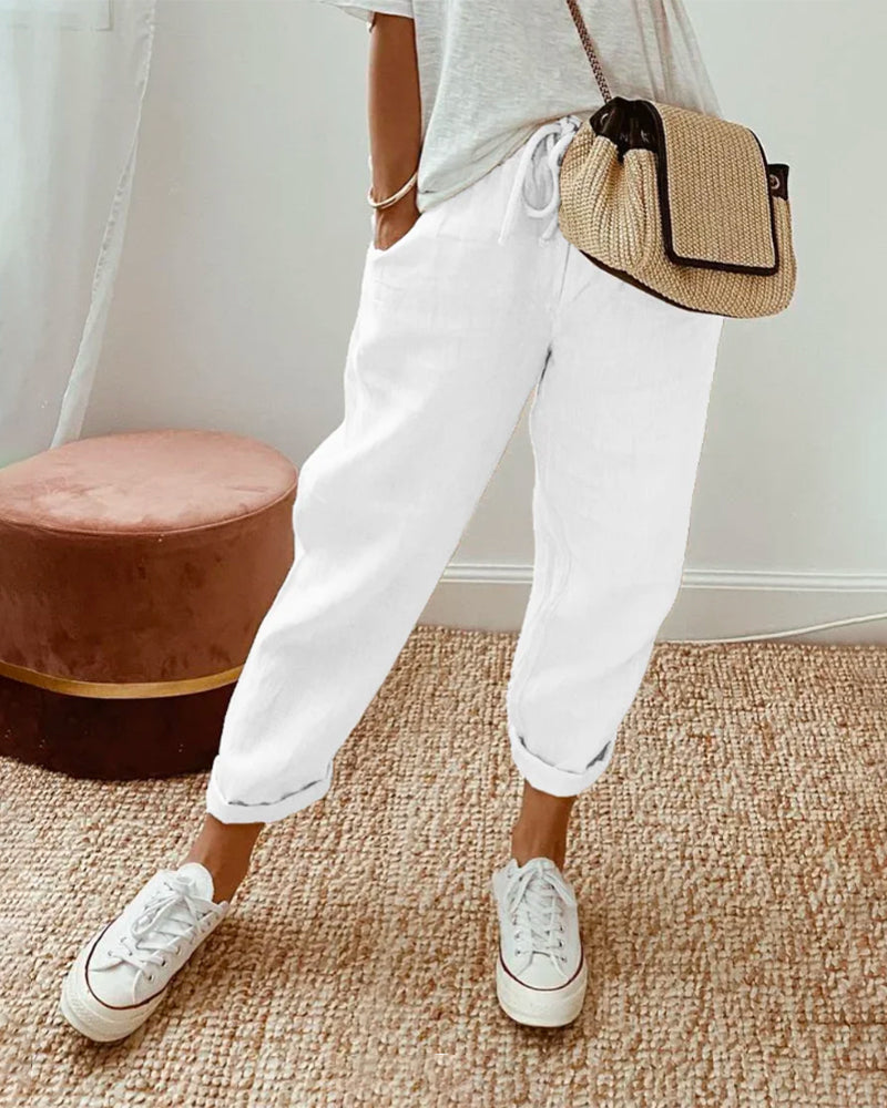 Women's Wide Leg - Linen Trousers Elasticated Waist