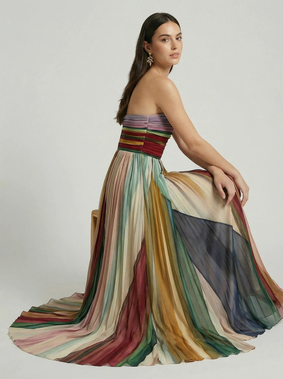 Strapless Pleated Maxi Dress Wedding Guest - Colour Block