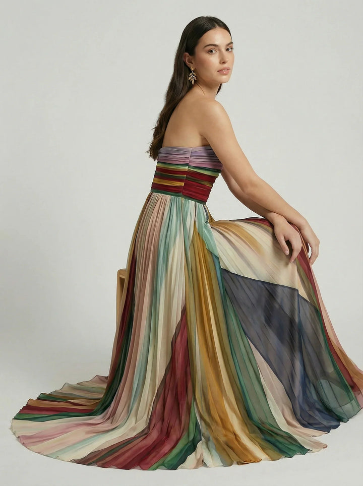 Strapless Pleated Maxi Dress Wedding Guest - Colour Block