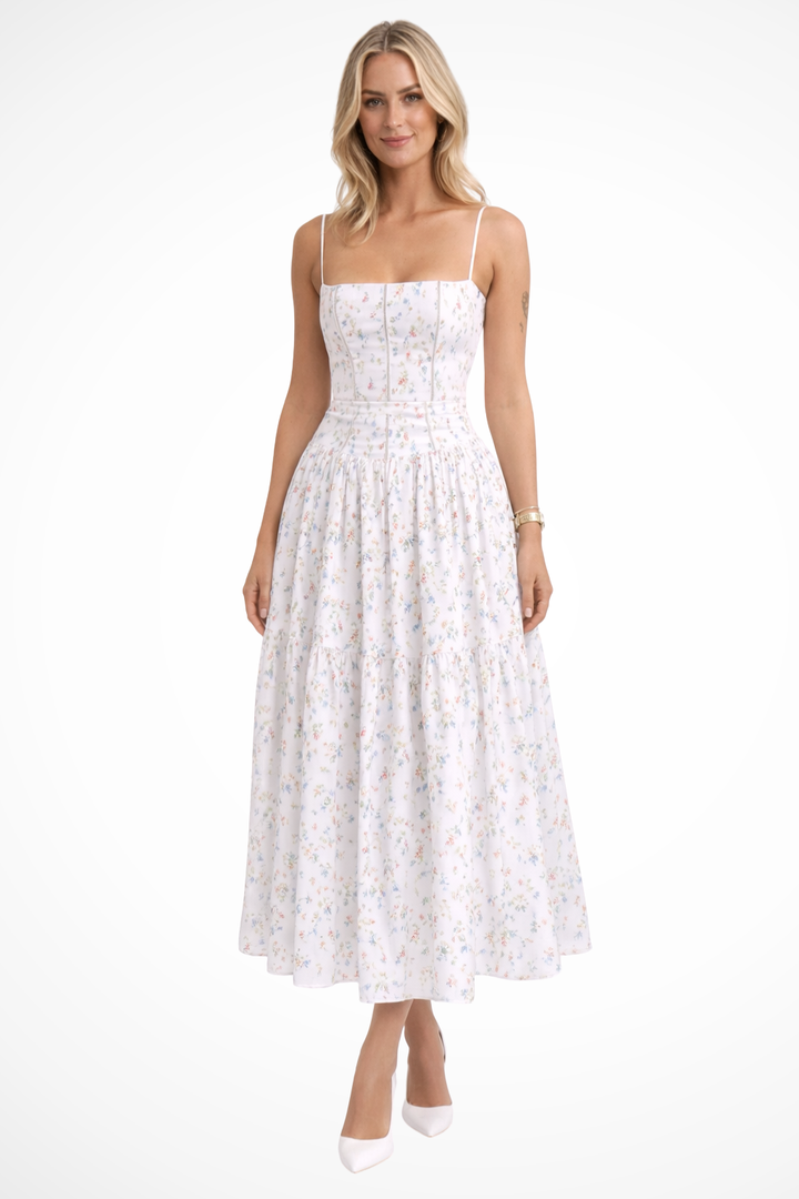 Women’s Floral Linen Midi Dress - Tiered Elegant Summer Wedding Guest Fit