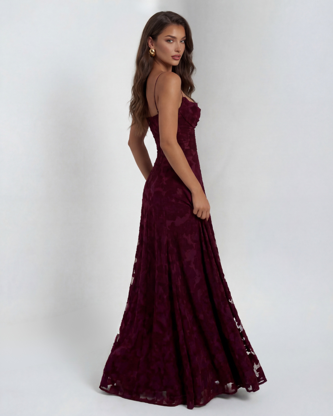 Lace Maxi Dress - Wedding Guest Straight Neck Floor Length