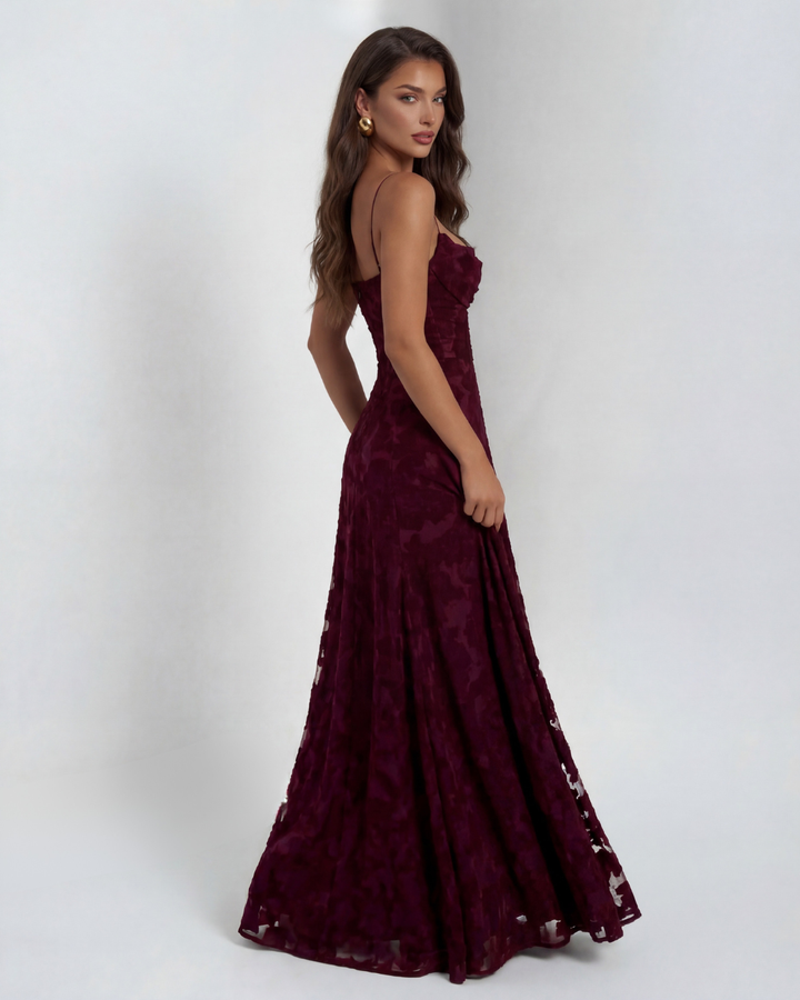 Lace Maxi Dress - Wedding Guest Straight Neck Floor Length