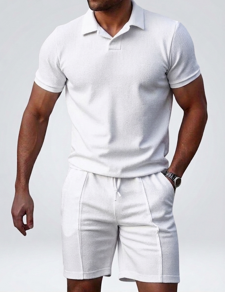 Men’s Textured Polo & Shorts Set - Slim Fit Breathable