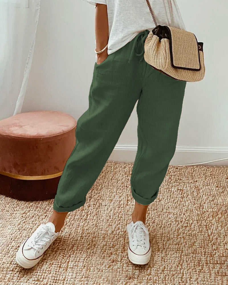 Women's Wide Leg - Linen Trousers Elasticated Waist