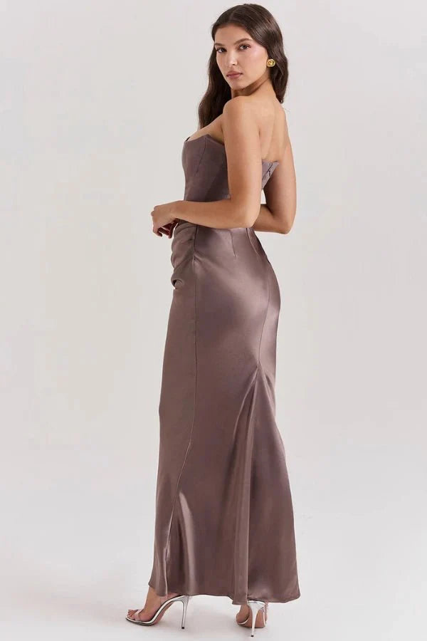 Strapless Corset Dress - Satin Ruched Maxi Wedding Guest