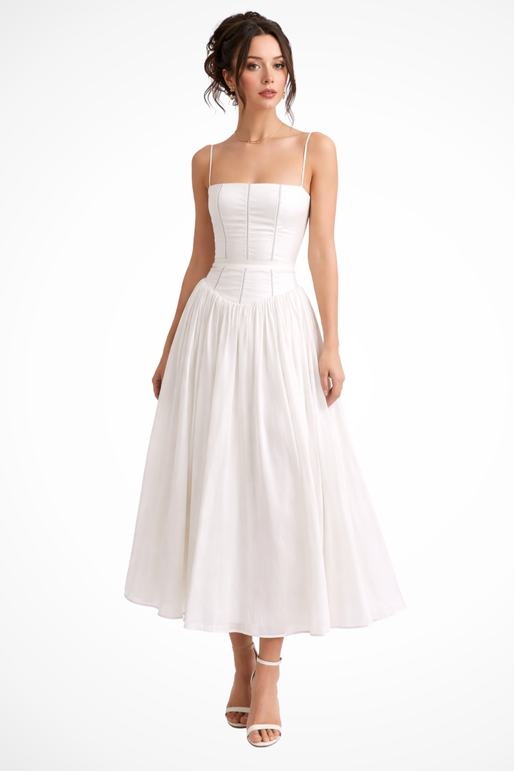 Women’s Floral Linen Midi Dress - Tiered Elegant Summer Wedding Guest Fit