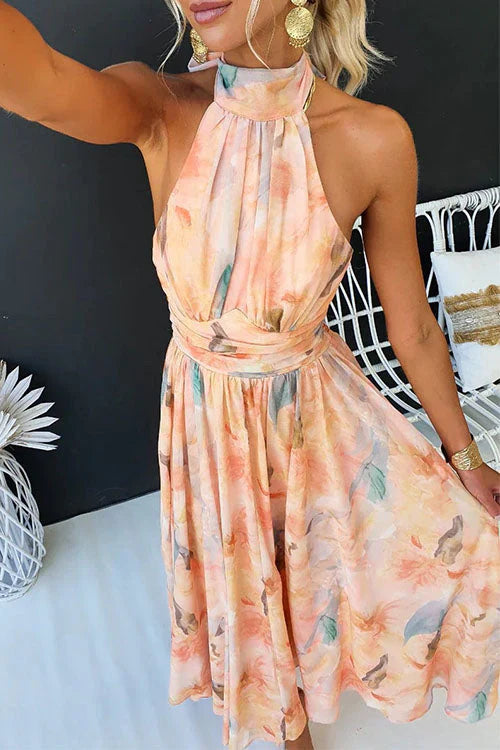 Chiffon Halter Maxi Dress - Watercolour Print Wedding Guest