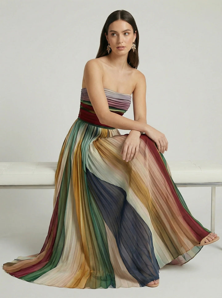 Strapless Pleated Maxi Dress Wedding Guest - Colour Block