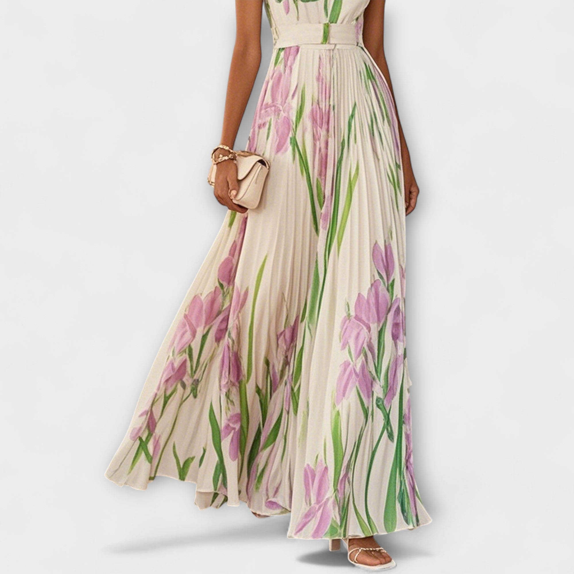 Women's Floral Garden Dress - Spring Chiffon Pleated Maxi