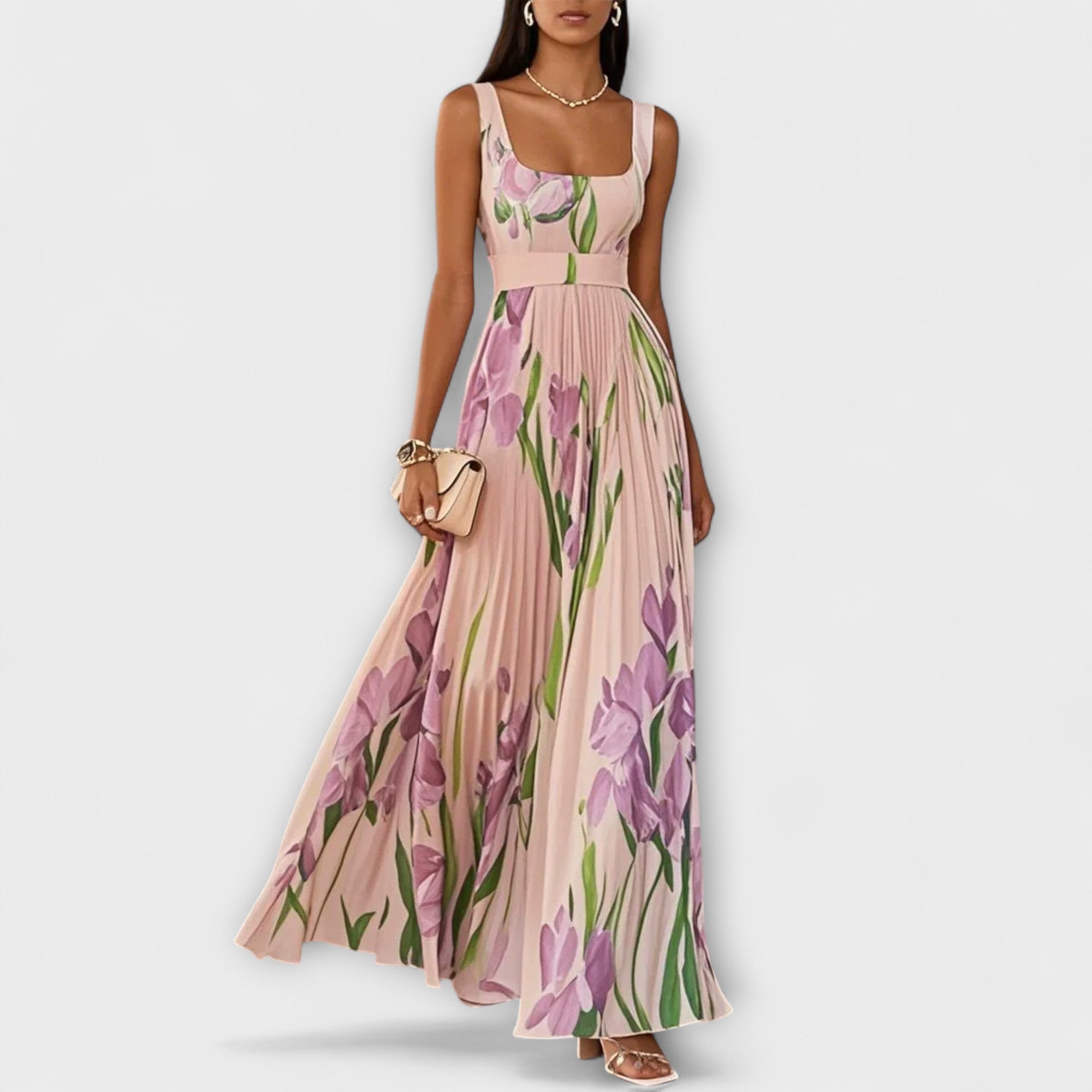Women's Floral Garden Dress - Spring Chiffon Pleated Maxi