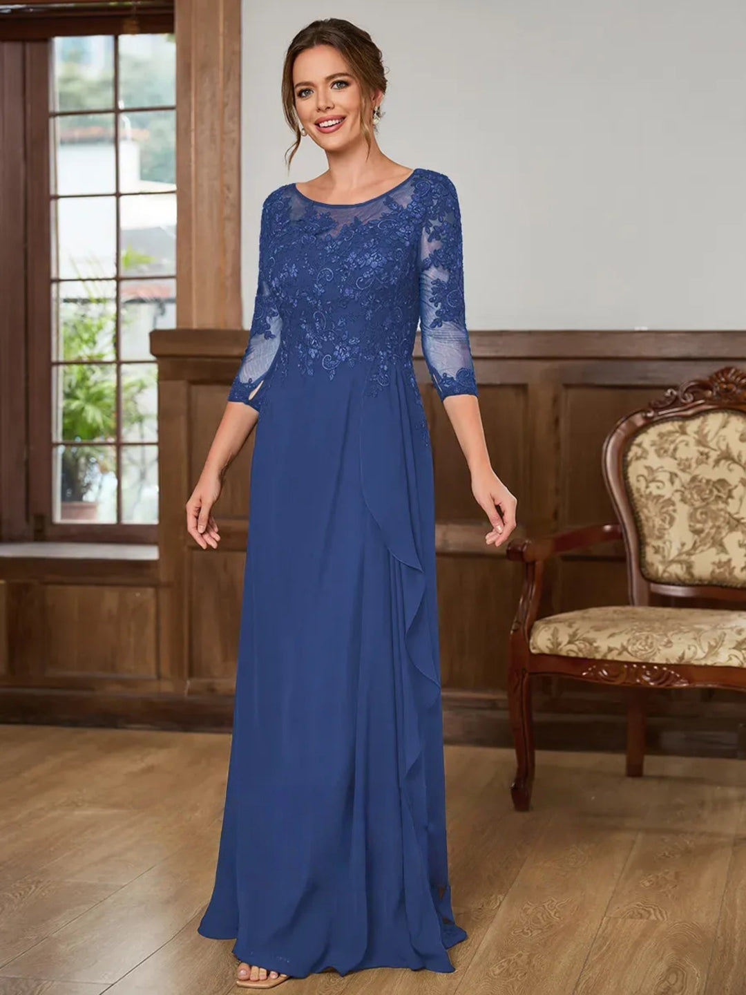Mother of the Bride Chiffon Maxi Dress - Lace Appliqué Bodice