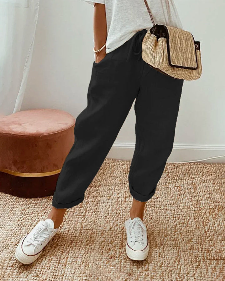 Women's Wide Leg - Linen Trousers Elasticated Waist