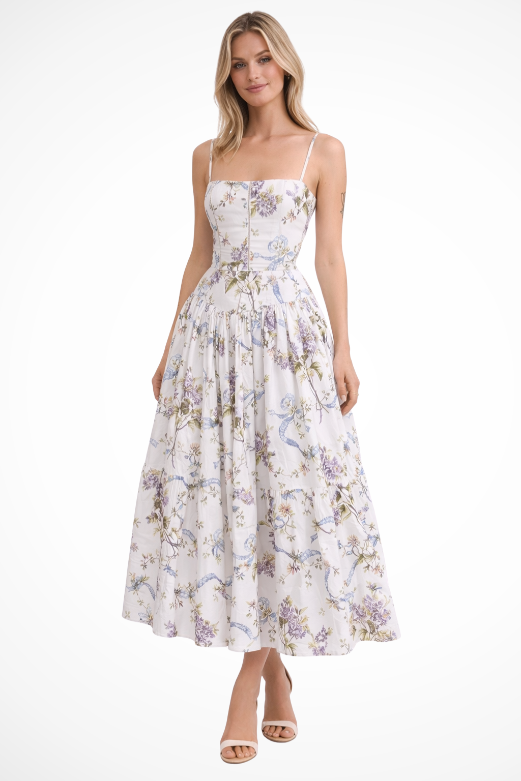 Women’s Floral Linen Midi Dress - Tiered Elegant Summer Wedding Guest Fit